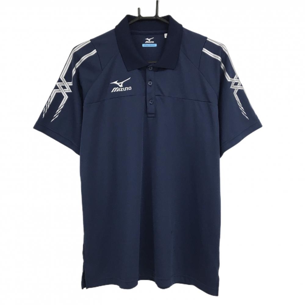 【美品】ミズノ 半袖ポロシャツ ネイビー 袖シルバープリント ロゴ刺しゅう  メンズ XL ゴルフウェア MIZUNO