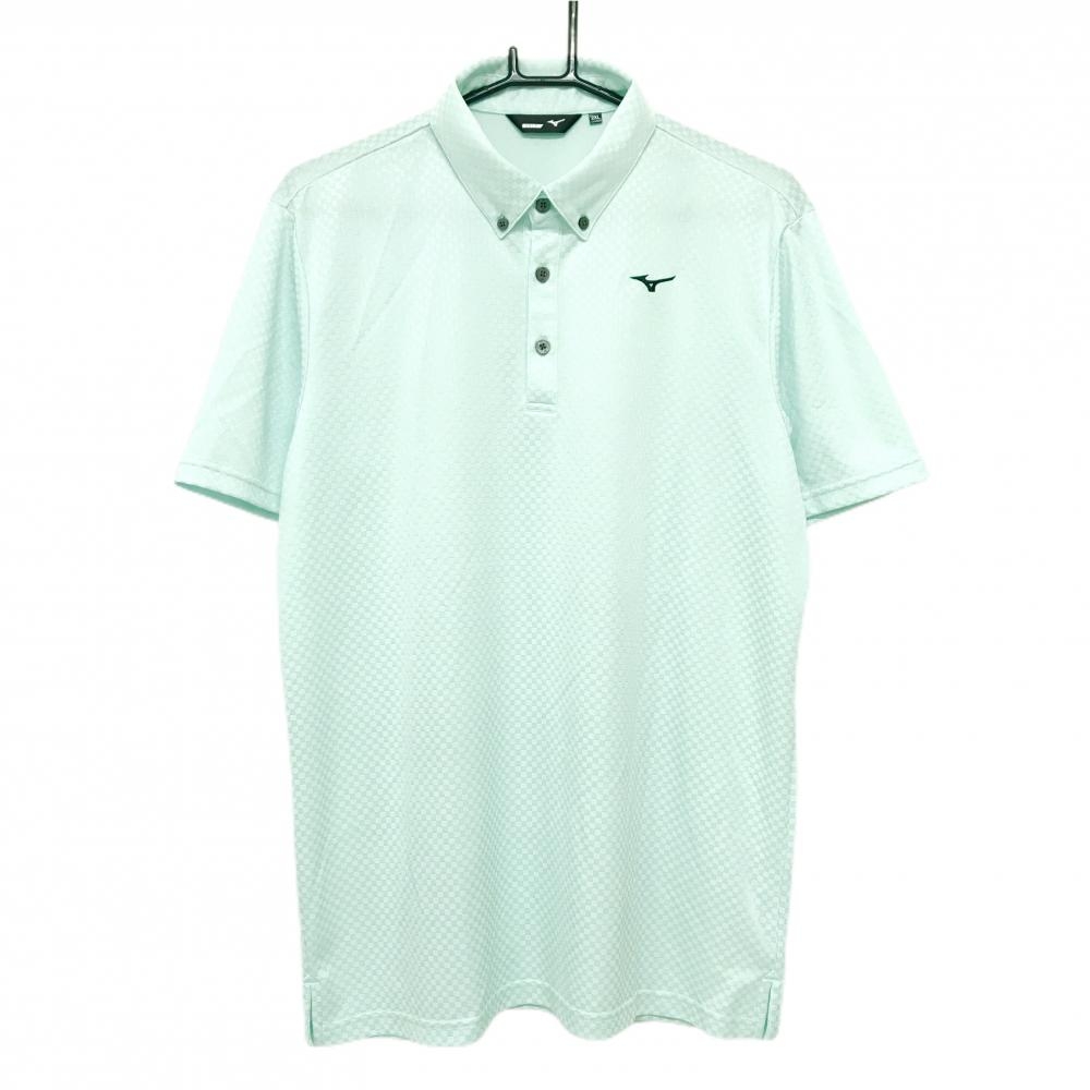 【超美品】ミズノゴルフ 半袖ポロシャツ ペールブルー 細目ブロックチェック地模様 メンズ 2XL ゴルフウェア 大きいサイズ MIZUNO
