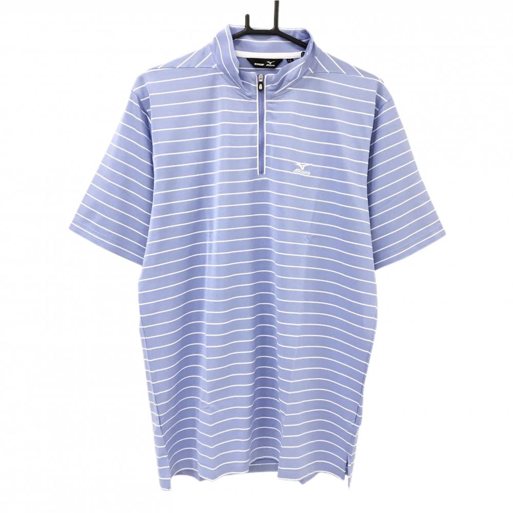 【美品】ミズノゴルフ 半袖ハイネックシャツ ブルー×白 ボーダー ハーフジップ ロゴ刺しゅう  メンズ LL ゴルフウェア MIZUNO