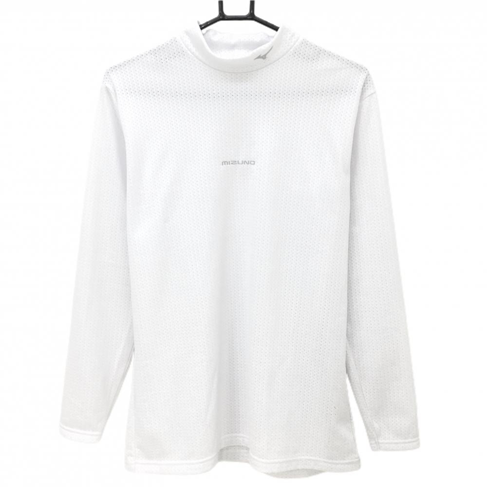 【超美品】ミズノゴルフ 長袖ハイネックシャツ 白 ロゴグレー メッシュ メンズ XL ゴルフウェア MIZUNO