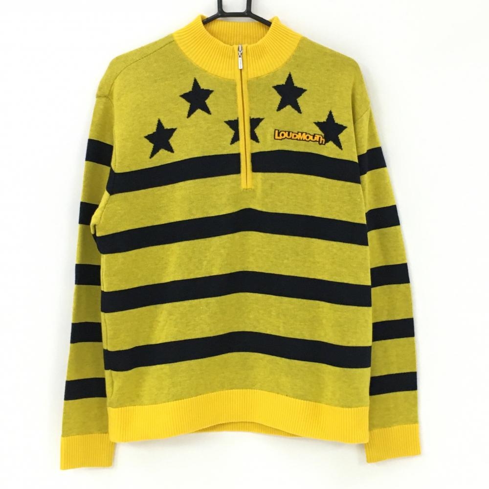 【美品】ラウドマウス ニットブルゾン イエロー×ネイビー 星柄 ボーダー ハーフジップ ウール混 メンズ L ゴルフウェア LOUDMOUTH