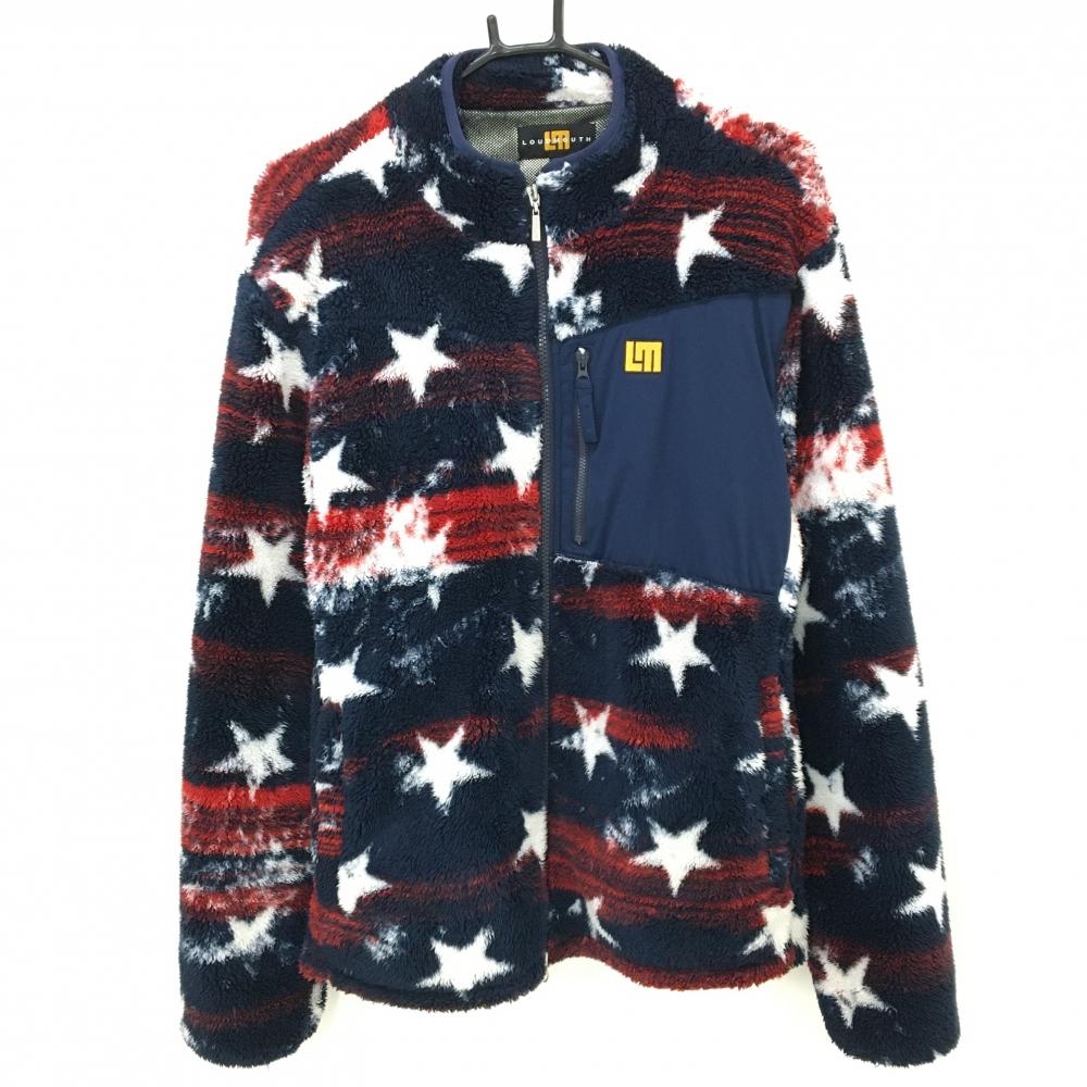 【美品】ラウドマウス ボアジャケット ネイビー×白 プリマスロック柄 星 胸元生地切替  メンズ L ゴルフウェア LOUDMOUTH