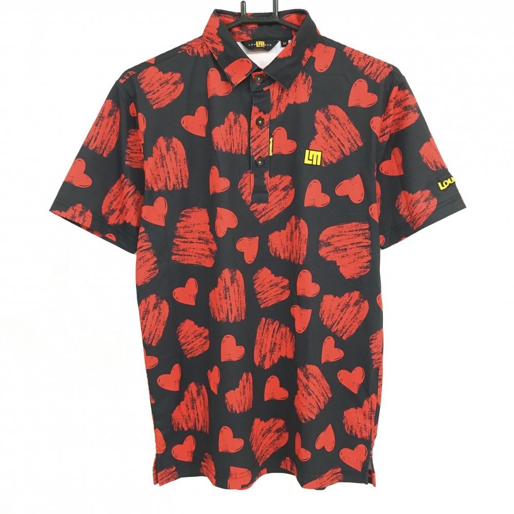 【超美品】ラウドマウス 半袖ポロシャツ ダークネイビー×レッド ハート総柄 ロゴ刺しゅう メンズ M ゴルフウェア LOUDMOUTH