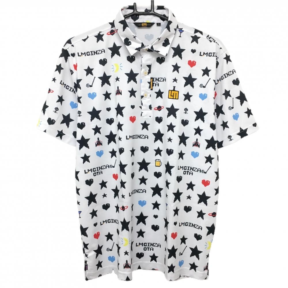 【超美品】ラウドマウス 半袖ポロシャツ 白×ダークネイビー 総柄 星 ハート ロゴ刺しゅう メンズ L ゴルフウェア LOUDMOUTH