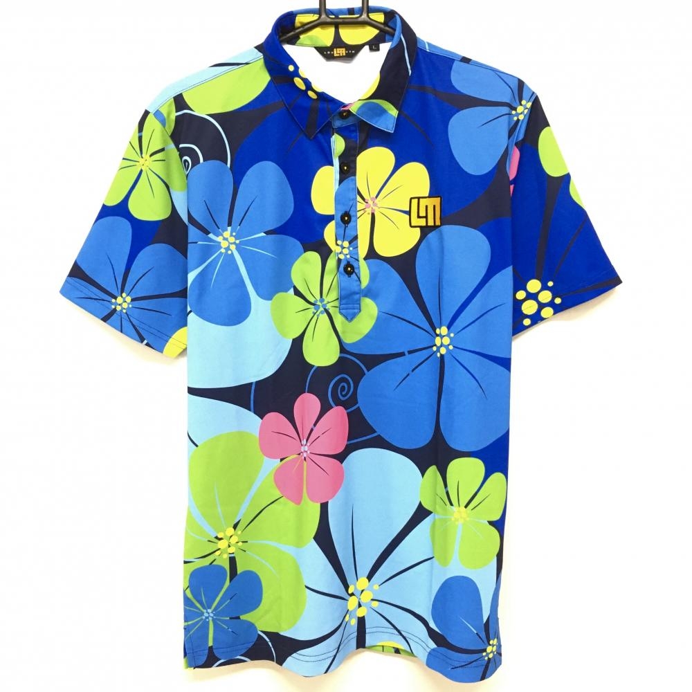 【美品】ラウドマウス 半袖ポロシャツ ネイビー×ライトブルー ワイルドフラワー柄 ロゴ刺しゅう  メンズ Ｌ ゴルフウェア LOUDMOUTH