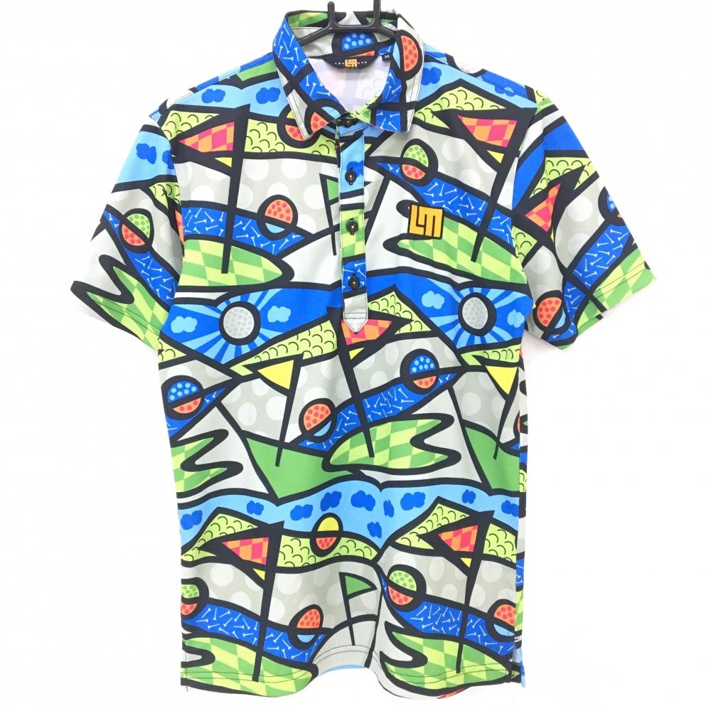 【美品】ラウドマウス 半袖ポロシャツ ブルー×マルチカラー 総柄  メンズ M ゴルフウェア LOUDMOUTH