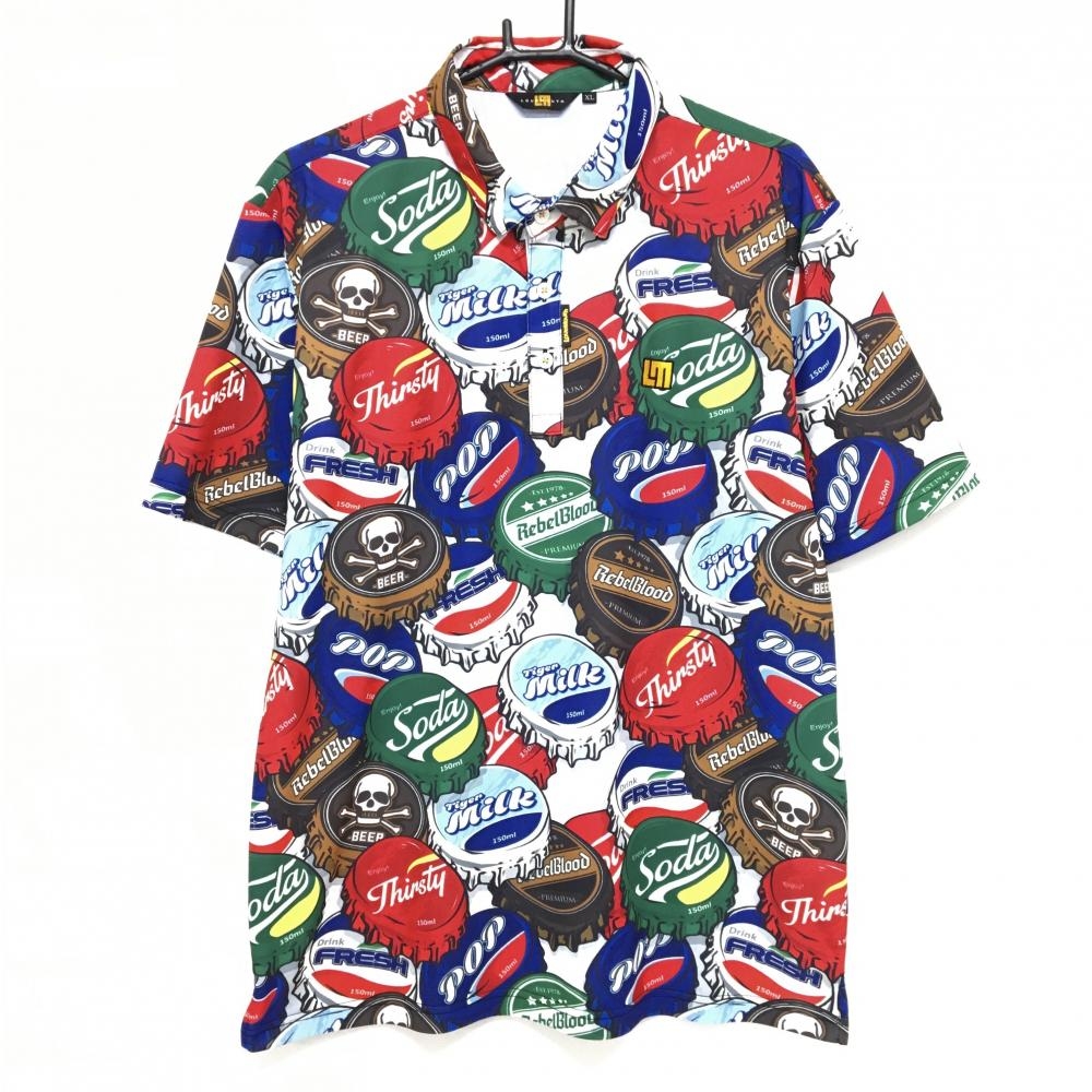 【超美品】ラウドマウス 半袖ポロシャツ 白×マルチカラー レトロクラウン ボトルキャップ総柄 メンズ XL ゴルフウェア LOUDMOUTH