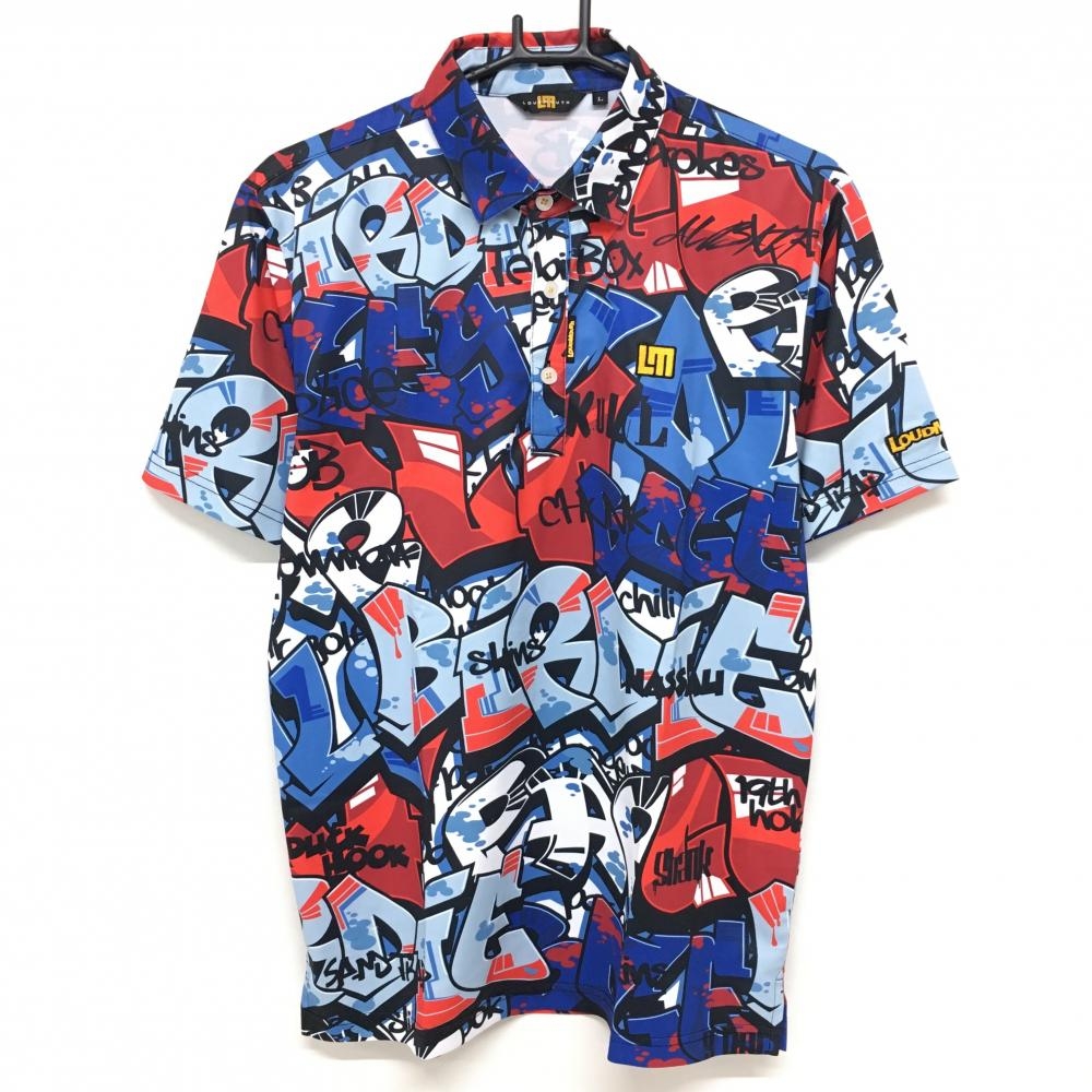 【超美品】ラウドマウス 半袖ポロシャツ ブルー×レッド×黒 総柄 メンズ L ゴルフウェア LOUDMOUTH