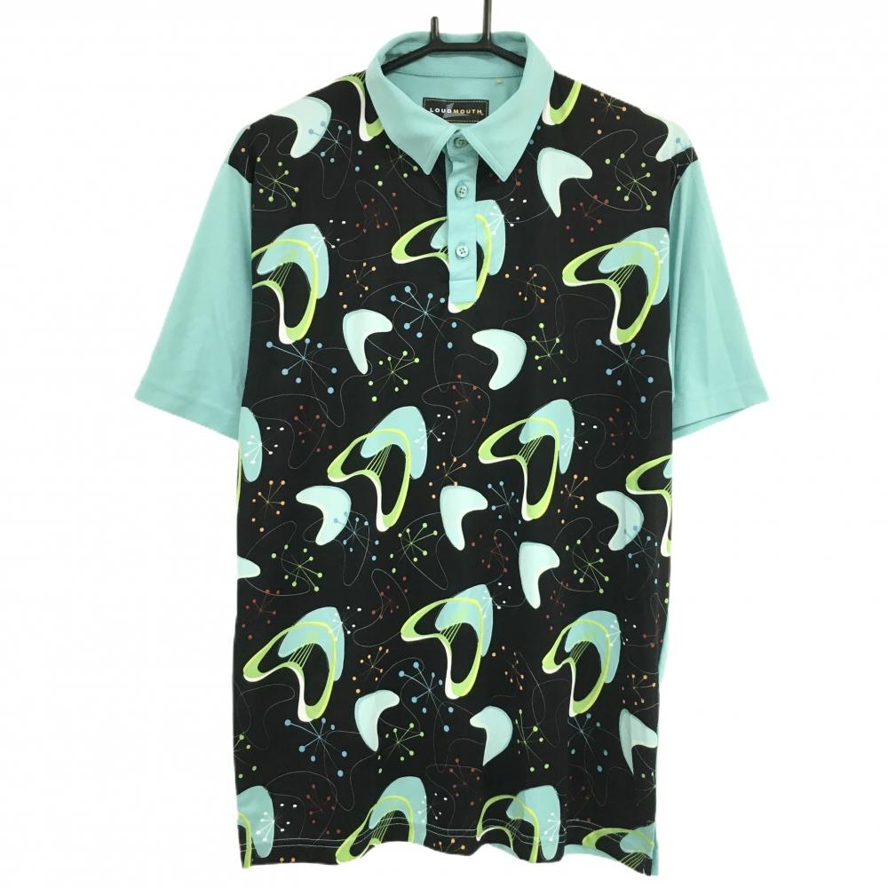 ラウドマウス 半袖ポロシャツ ライトブルー×黒 前身頃総柄  メンズ M ゴルフウェア LOUDMOUTH