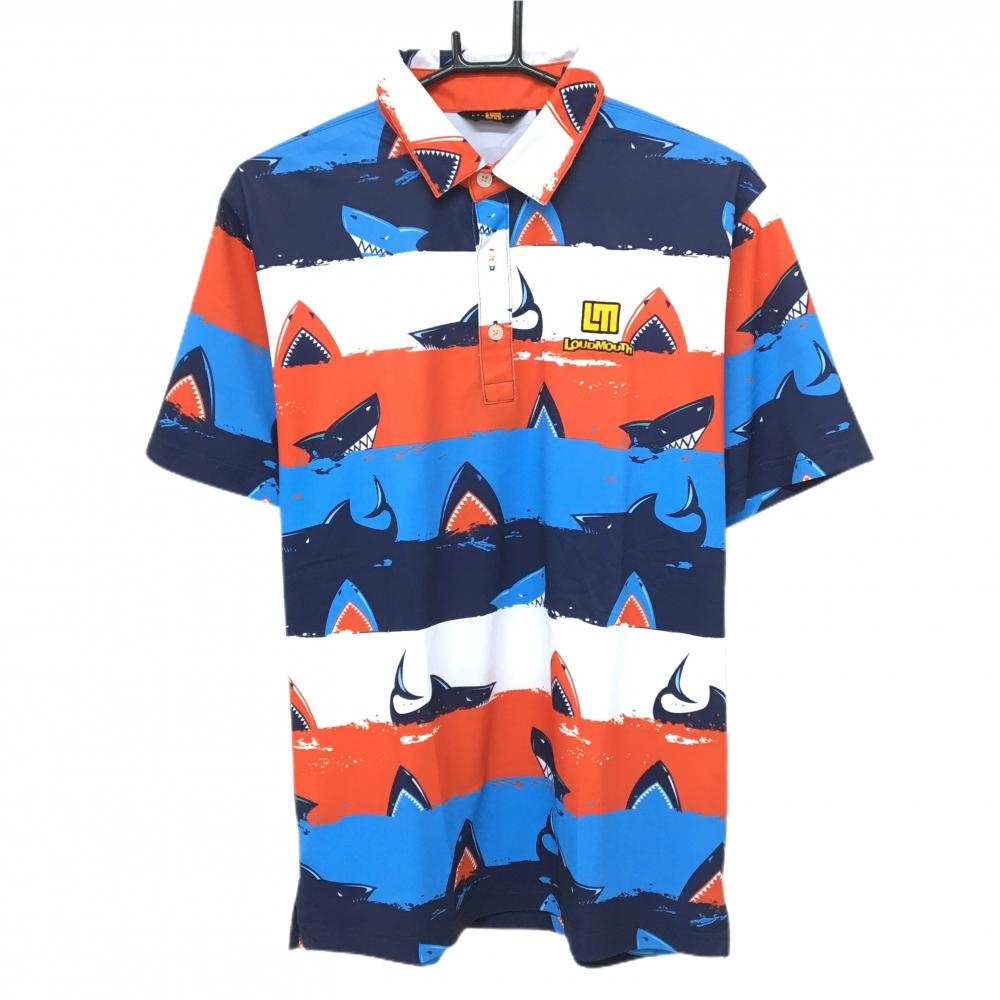 【超美品】ラウドマウス 半袖ポロシャツ ネイビー×オレンジ×白 シャークアタック 総柄 メンズ L ゴルフウェア LOUDMOUTH