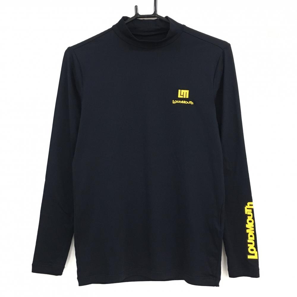 【美品】ラウドマウス 長袖ハイネックシャツ 黒×イエロー ロゴ刺しゅう 袖プリント 裏微起毛 ストレッチ メンズ M ゴルフウェア LOUDMOUTH