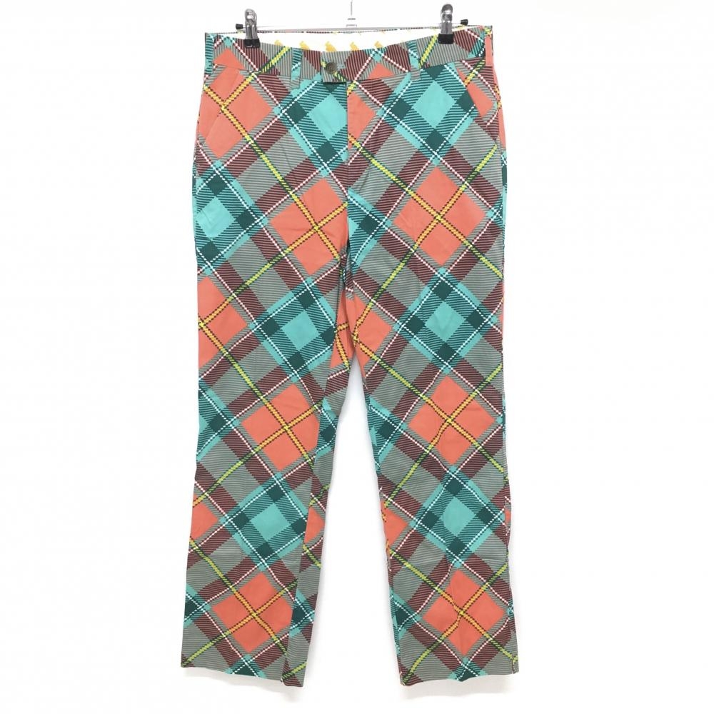 【美品】ラウドマウス パンツ サーモンピンク×エメラルドグリーン 斜めチェック柄 ロゴ刺しゅう メンズ 34X32L ゴルフウェア LOUDMOUTH