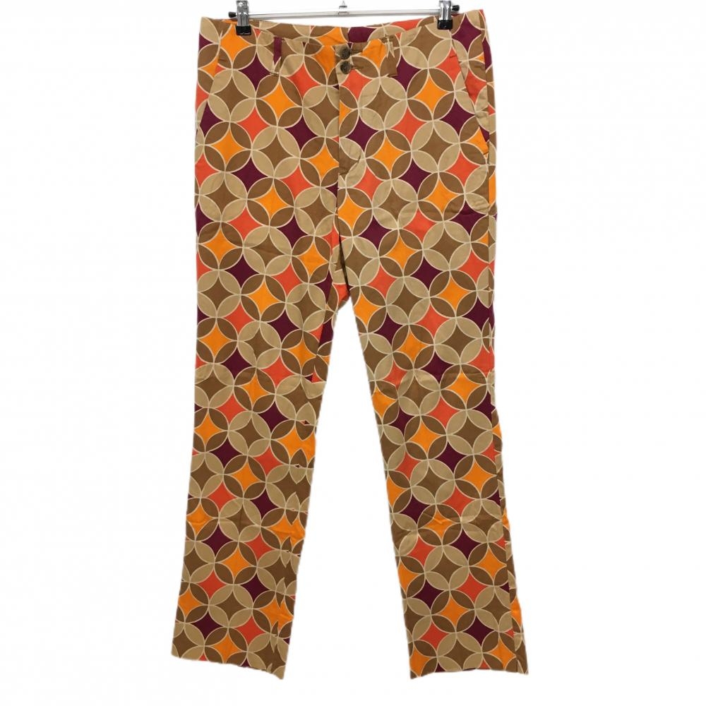 【美品】ラウドマウス パンツ ベージュ×ブラウン 総柄 バックロゴ メンズ 34×UF ゴルフウェア LOUDMOUTH