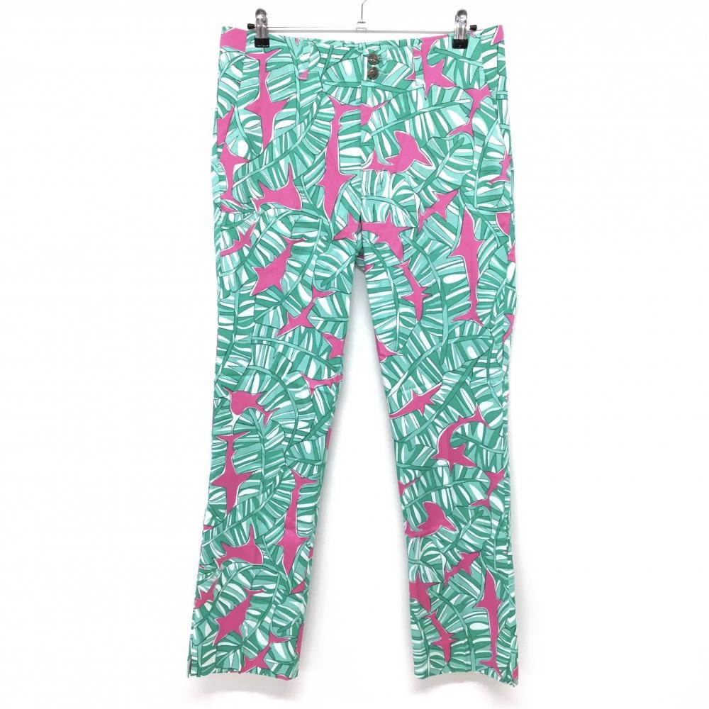 【超美品】ラウドマウス パンツ グリーン×ピンク 総柄 サメ バックロゴ メンズ 34×32L ゴルフウェア LOUDMOUTH