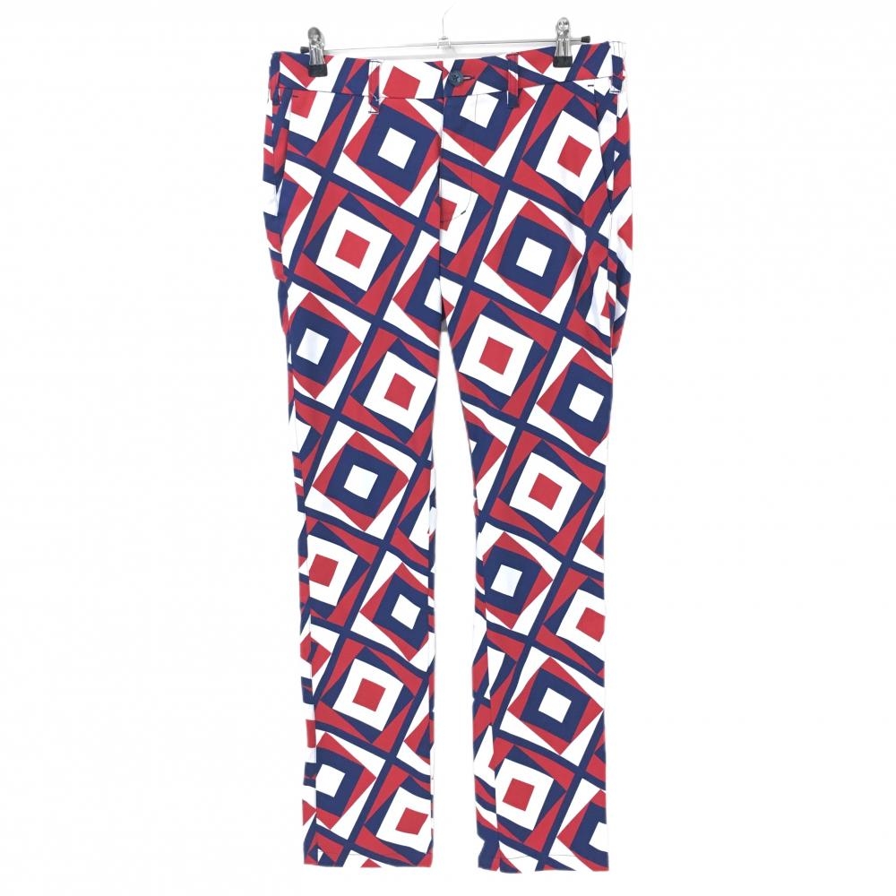 【超美品】ラウドマウス パンツ 白×レッド×ネイビー スクエア総柄 ストレッチ メンズ L ゴルフウェア LOUDMOUTH
