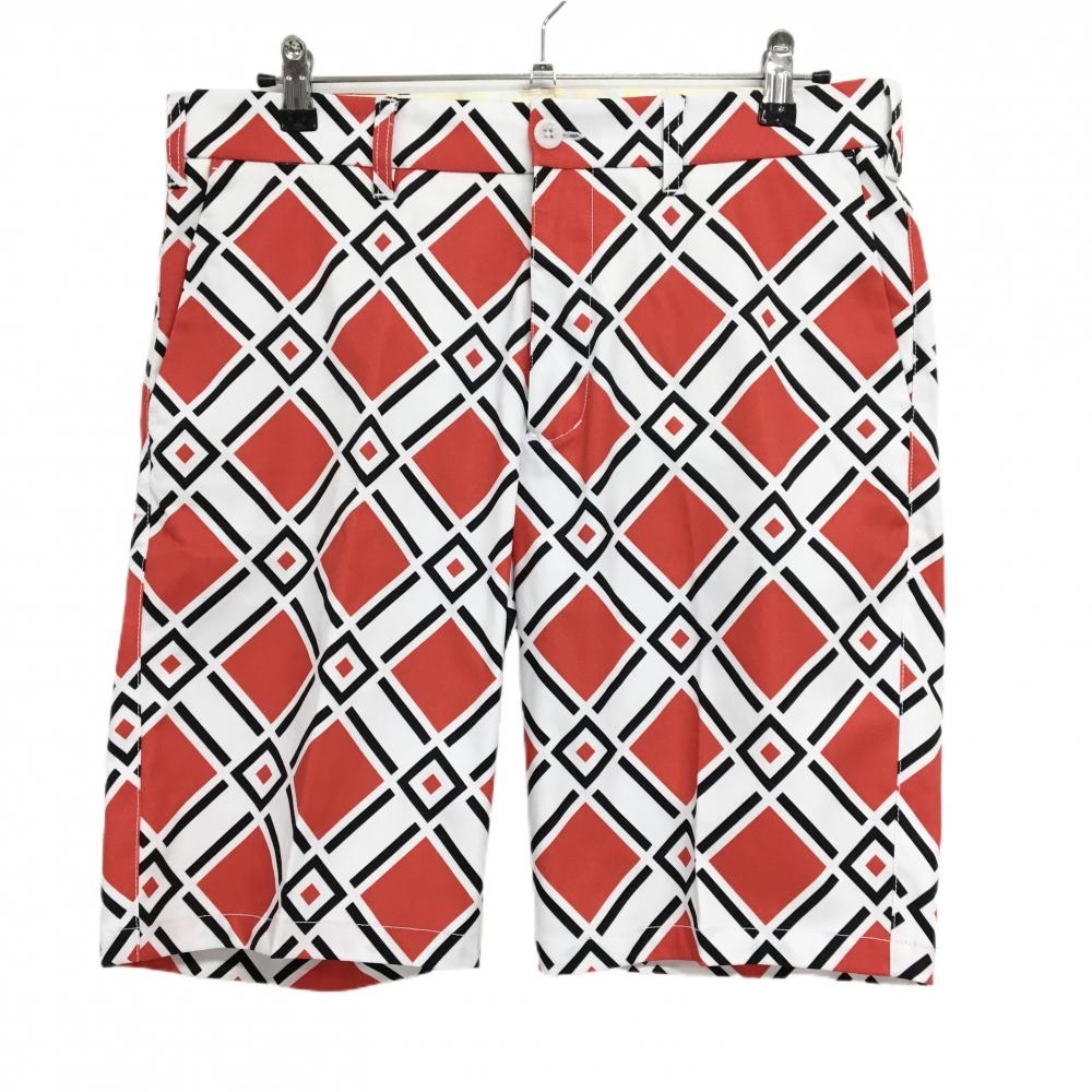 【美品】ラウドマウス ハーフパンツ 白×レッド デンジャー スクエア総柄 ストレッチ メンズ LL ゴルフウェア LOUDMOUTH