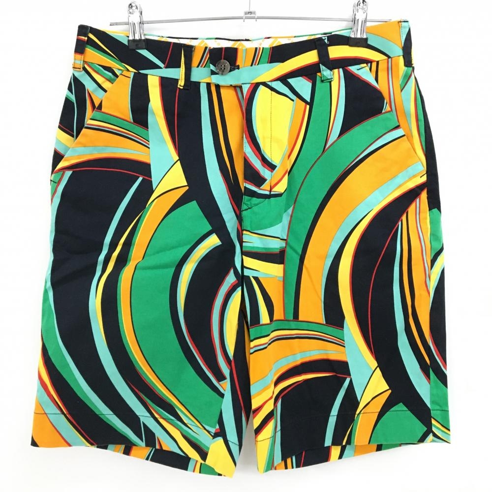【美品】ラウドマウス ハーフパンツ 黒×マルチカラー 総柄 ストレッチ メンズ 32 ゴルフウェア LOUDMOUTH