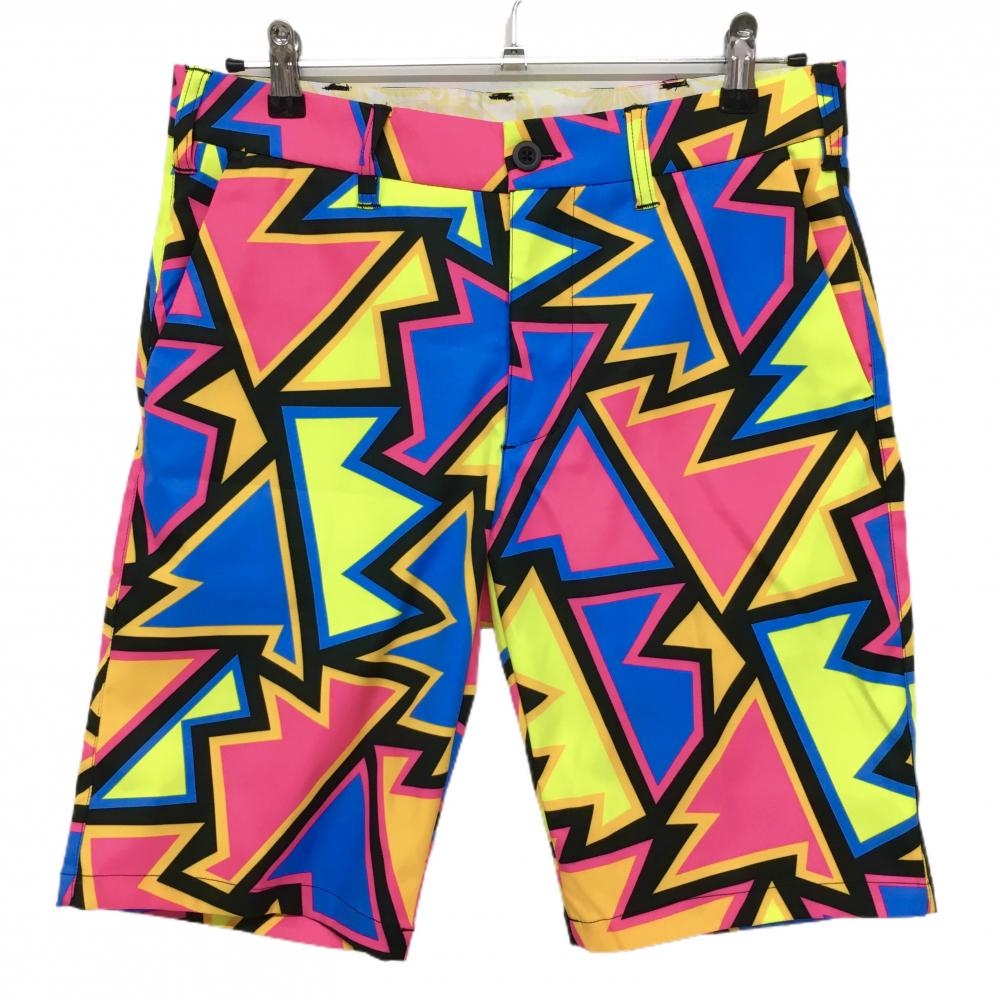 【超美品】ラウドマウス ハーフパンツ ブルー×蛍光ピンク×蛍光イエロー 総柄 ネオンクリスタル メンズ M ゴルフウェア LOUDMOUTH