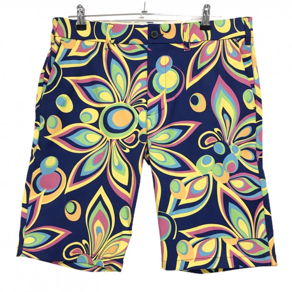 【超美品】ラウドマウス ハーフパンツ ネイビー×マルチカラー シャガデリック 総柄 ストレッチ メンズ LL ゴルフウェア LOUDMOUTH