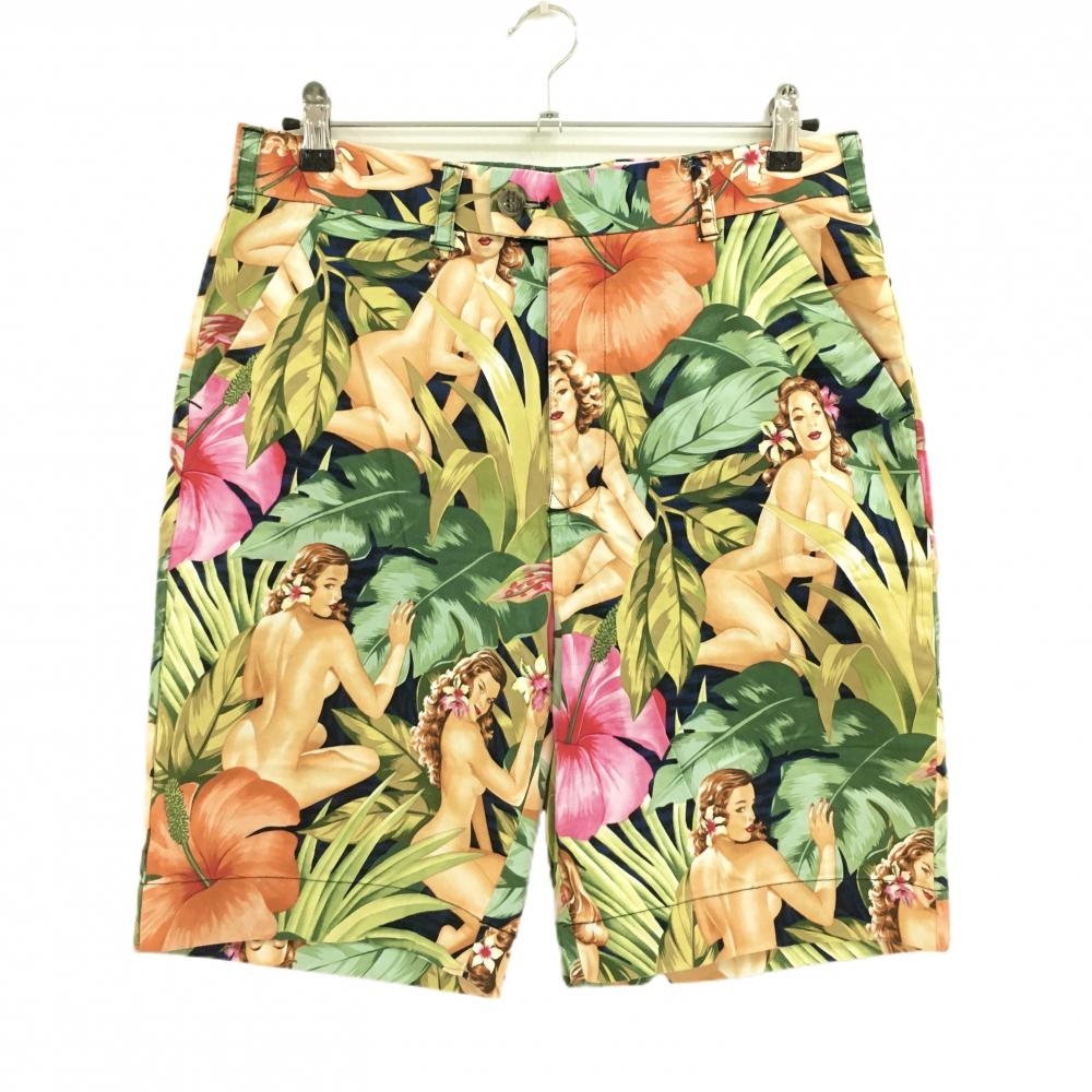 【美品】ラウドマウス ハーフパンツ グリーン×マルチカラー 総柄 リーフ 花 メンズ 32 ゴルフウェア LOUDMOUTH