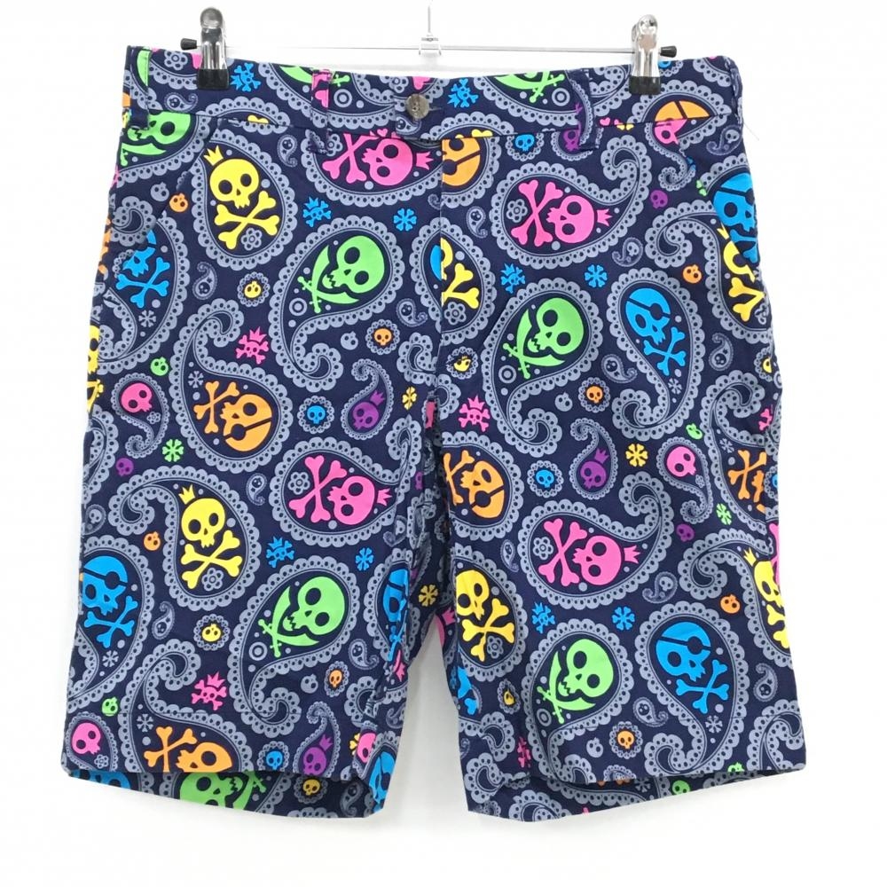 【美品】ラウドマウス ハーフパンツ ネイビー×マルチカラー ドクロ総柄 ペイズリー メンズ 32 ゴルフウェア LOUDMOUTH