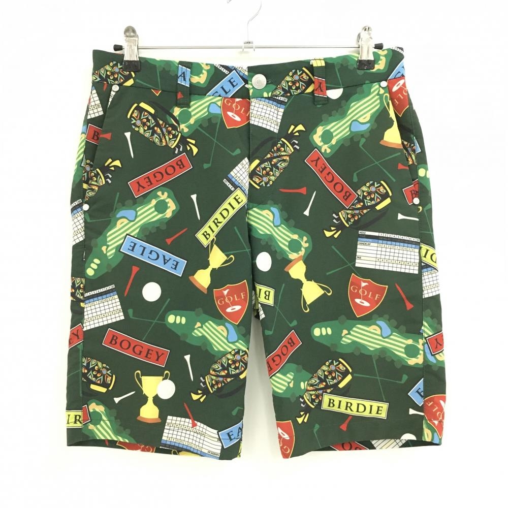 【美品】ラウドマウス ハーフパンツ グリーン×レッド×マルチカラー 総柄 キャディバッグ ゴルフティー  メンズ M ゴルフウェア LOUDMOUTH