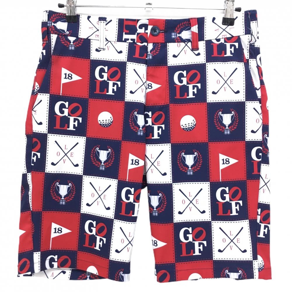 ラウドマウス ハーフパンツ レッド×ネイビー×白 総柄 アイラブゴルフ メンズ M ゴルフウェア LOUDMOUTH