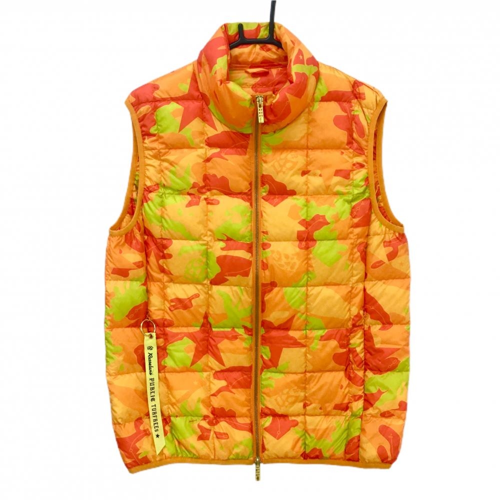 ラッセルノ ダウンベスト オレンジ×ライトグリーン 総柄 ルチャマスク TAION  メンズ 4(M) ゴルフウェア RUSSELUNO