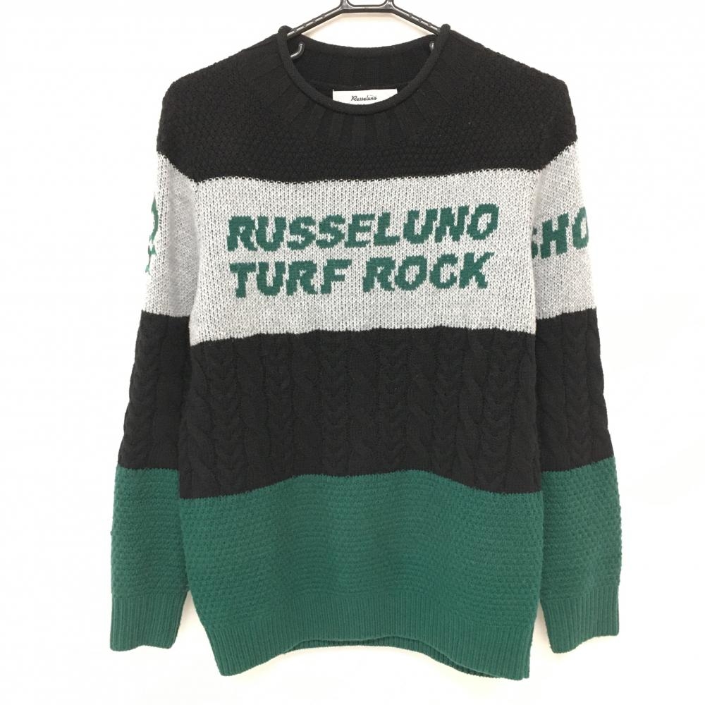 【美品】ラッセルノ セーター 黒×グリーン 袖ルチャマスク ウール混 ニット  メンズ 4(M) ゴルフウェア RUSSELUNO