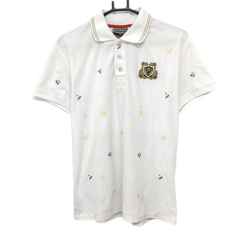 ラッセルノ 半袖ポロシャツ 白×イエロー 刺しゅう総柄 襟ライン  メンズ 6(XL) ゴルフウェア RUSSELUNO 画像
