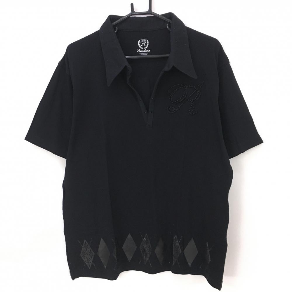 【未使用品】ラッセルノ 半袖スキッパーシャツ 黒 裾柄 ラインストーン メンズ XXL ゴルフウェア 大きいサイズ RUSSELUNO 画像