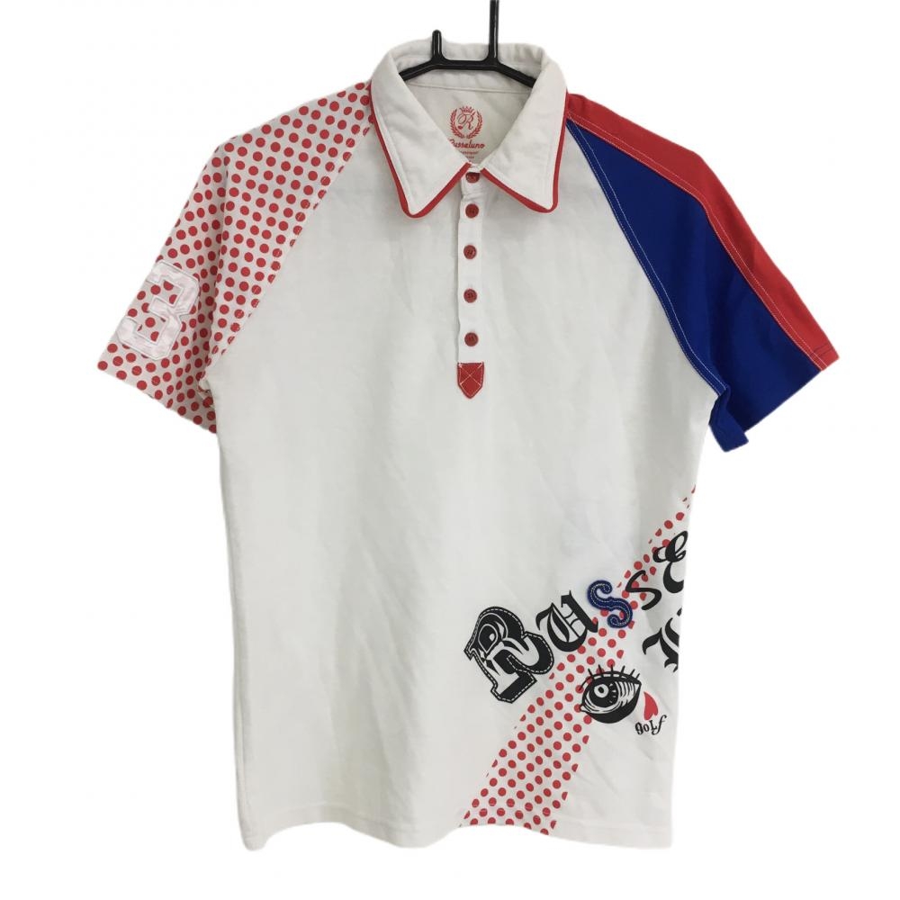 ラッセルノ 半袖ポロシャツ 白×レッド 袖ドット メンズ M ゴルフウェア RUSSELUNO
