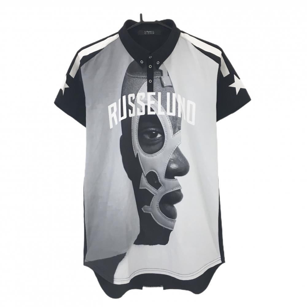 【超美品】ラッセルノ 半袖ポロシャツ 黒×グレー ルチャマスクプリント スナップボタン メンズ 5(L) ゴルフウェア RUSSELUNO