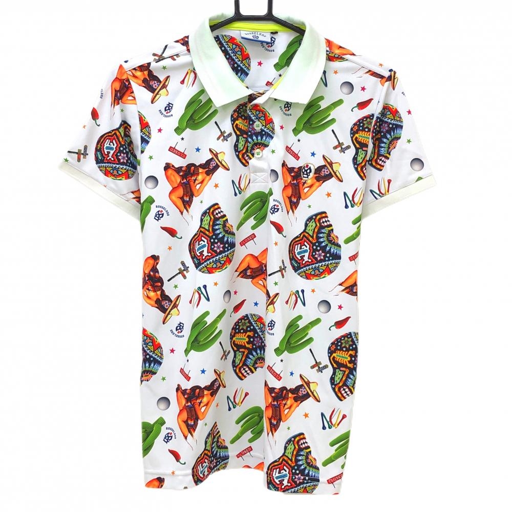 【超美品】ラッセルノ 半袖ポロシャツ 白×マルチカラー スカル・サボテン総柄 ルチャマスク 襟裏ロゴ メンズ 4(M) ゴルフウェア RUSSELUNO