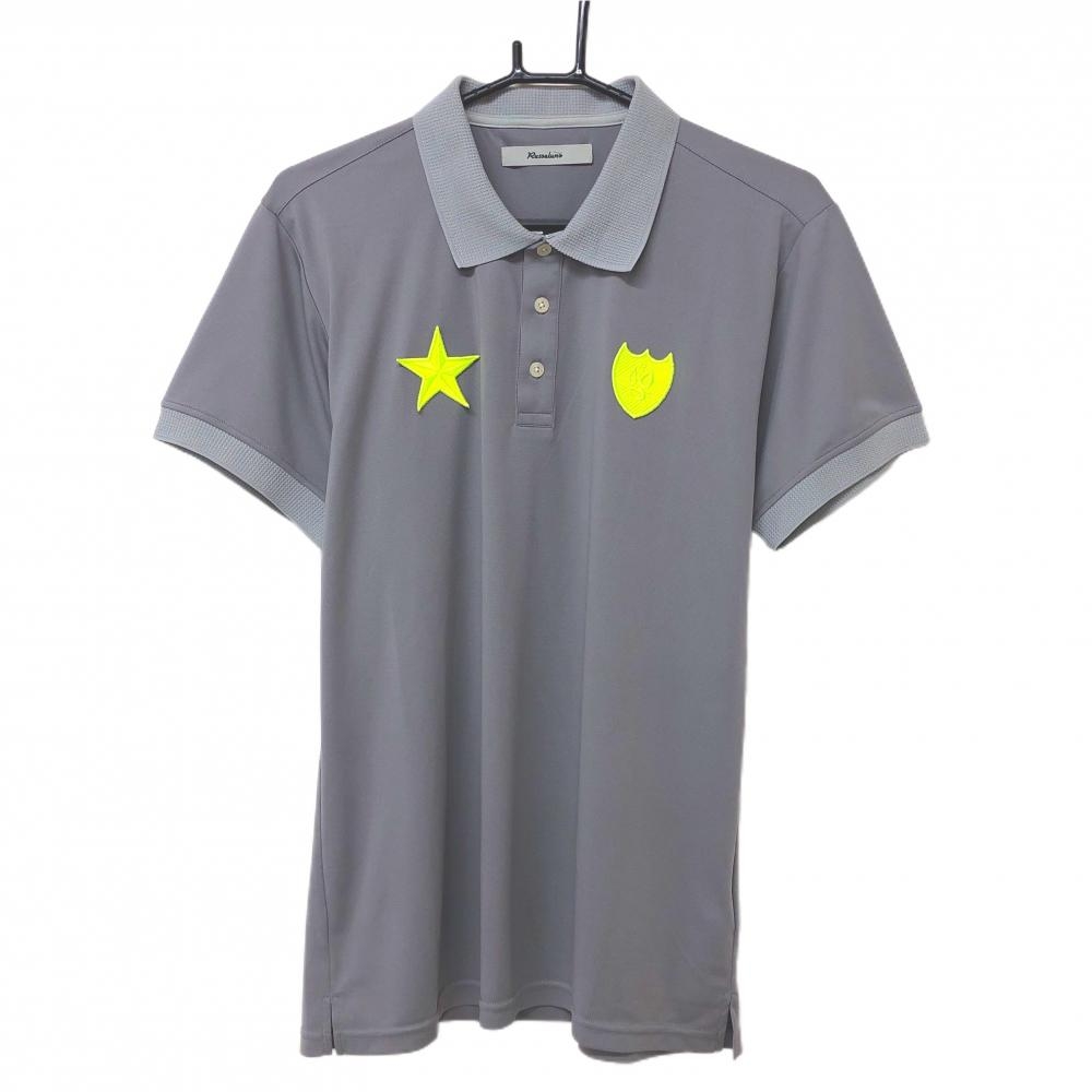【美品】ラッセルノ 半袖ポロシャツ グレー×蛍光イエロー 襟ニット バックプリント メンズ 5(L) ゴルフウェア RUSSELUNO