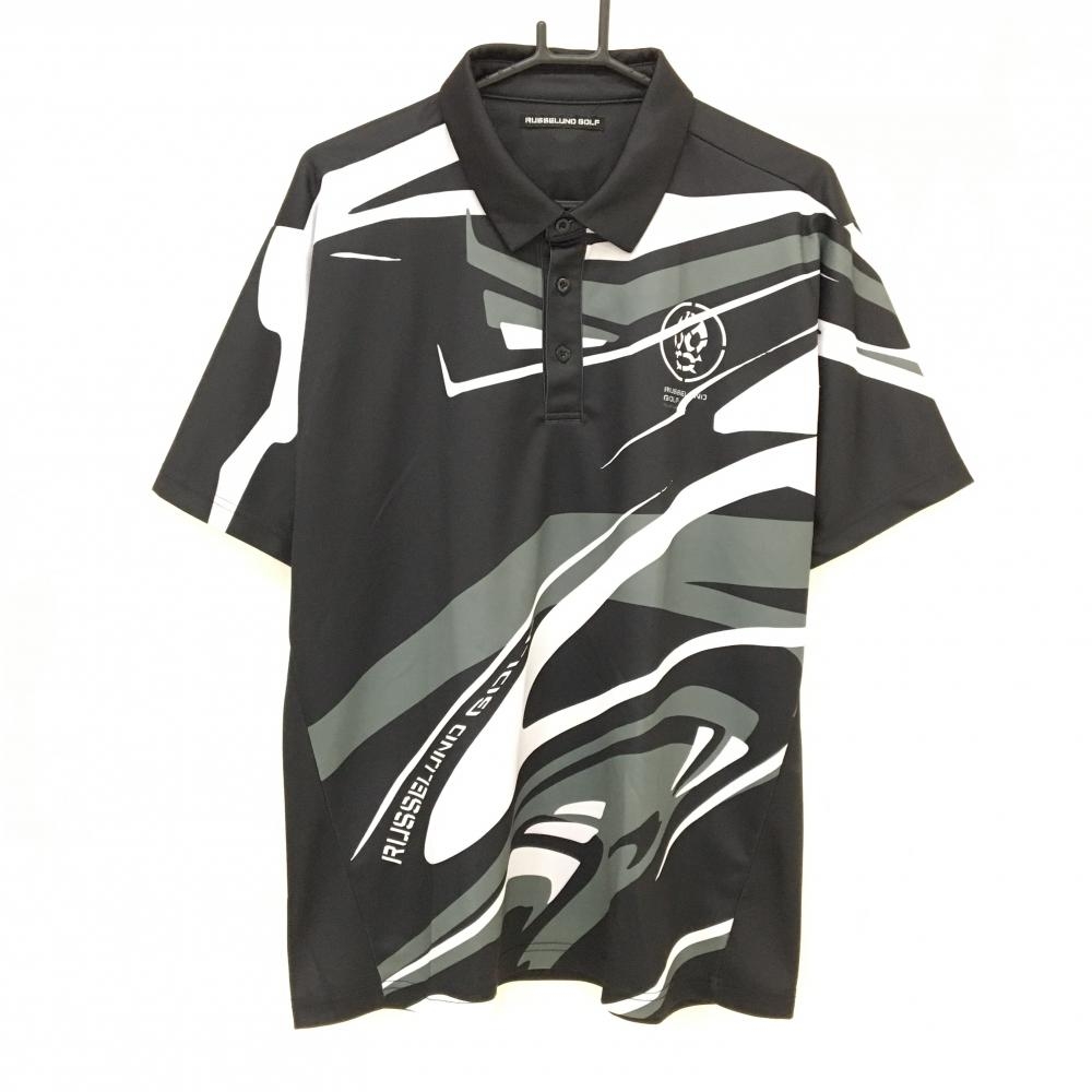 【超美品】ラッセルノゴルフ 半袖ポロシャツ 黒×白 前身頃総柄 ルチャマスク  メンズ 6(XL) ゴルフウェア 2024年モデル RUSSELUNO