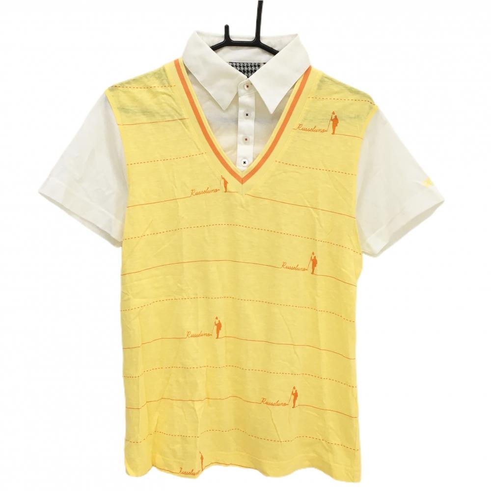 【美品】ラッセルノ 半袖ポロシャツ イエロー×白 重ね着風 メンズ 5(L) ゴルフウェア RUSSELUNO