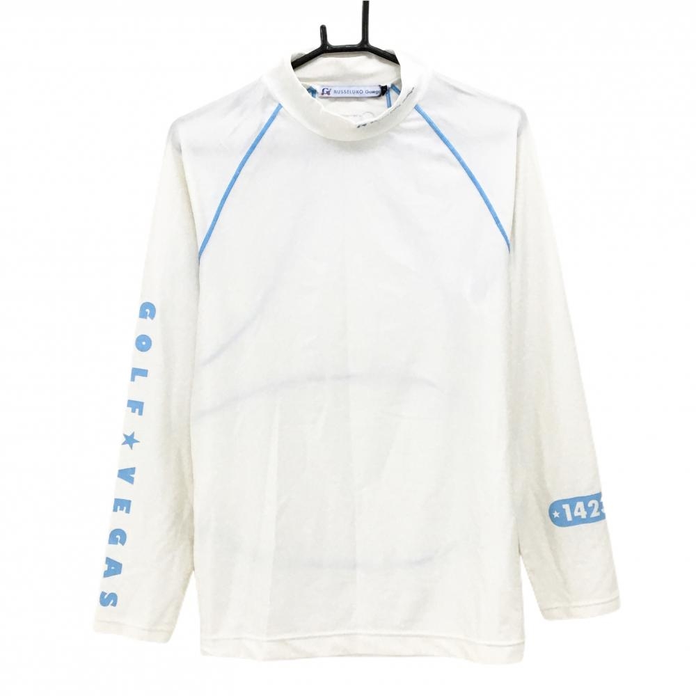 【超美品】ラッセルノ ハイネックインナーシャツ 白×ライトブルー 袖プリント メンズ 6(XL) ゴルフウェア RUSSELUNO