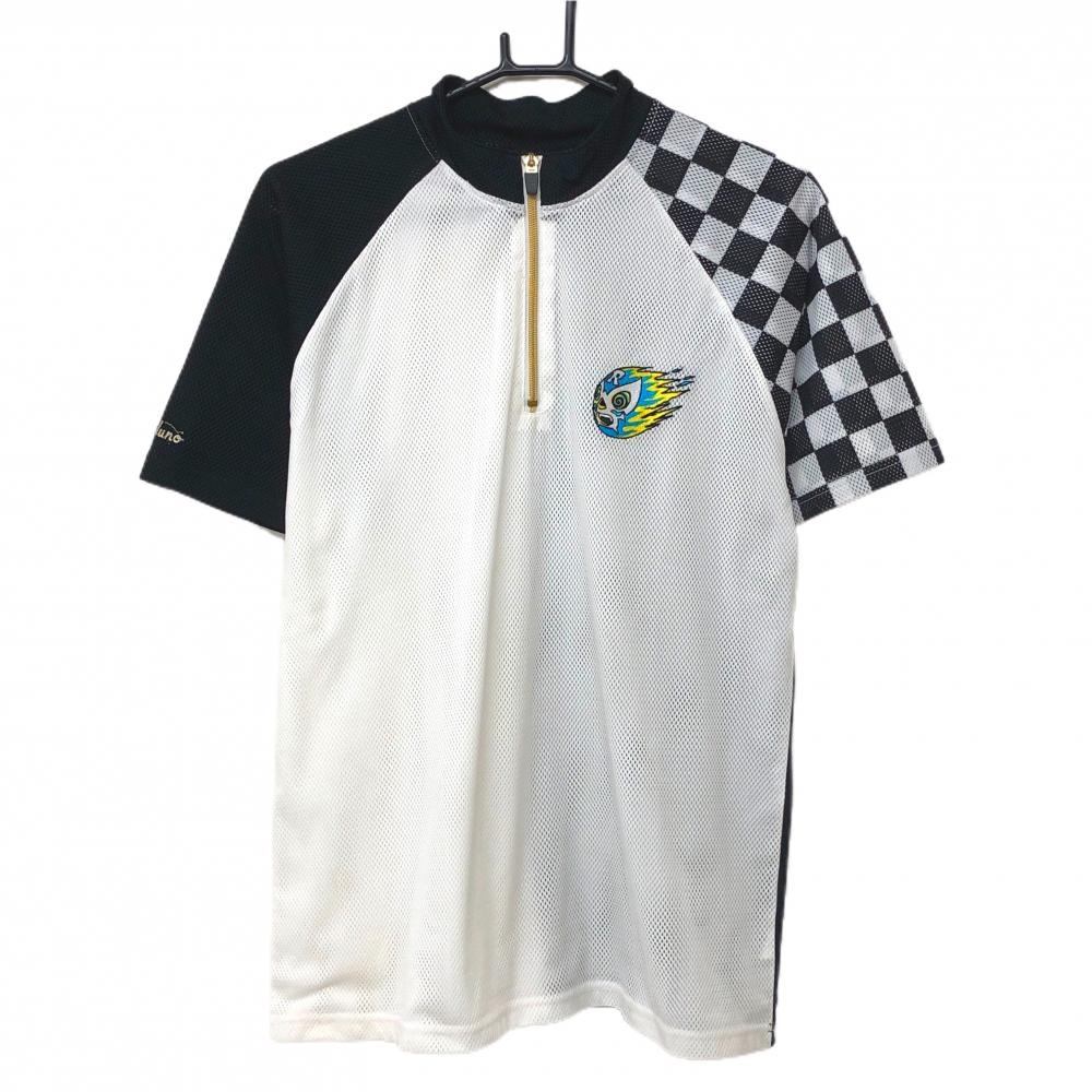 【超美品】ラッセルノ 半袖ハイネックシャツ 白×黒 メッシュ生地 ハーフジップ ルチャマスク  メンズ 5(L) ゴルフウェア RUSSELUNO