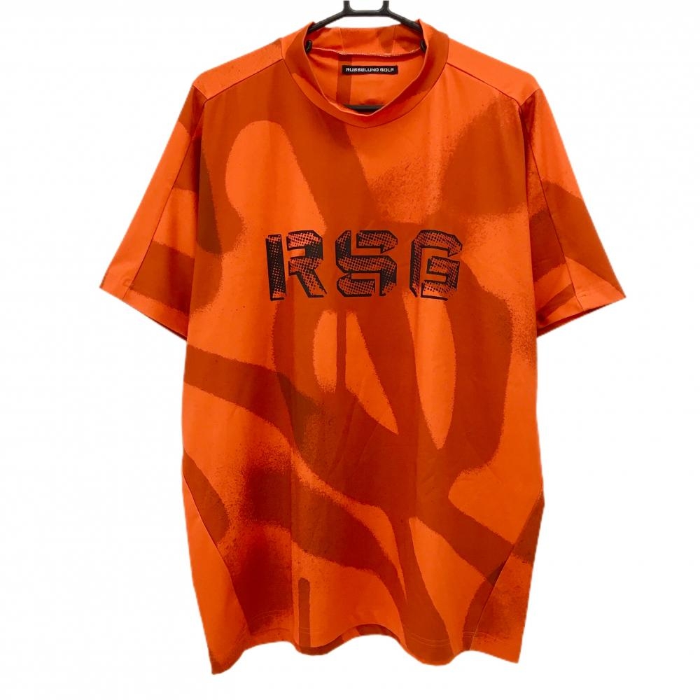 【美品】ラッセルノゴルフ 半袖ハイネックシャツ オレンジ フロントロゴ黒 総柄  メンズ 6(XL) ゴルフウェア RUSSELUNO