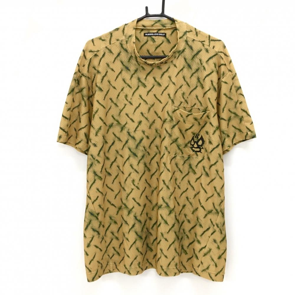 【美品】ラッセルノゴルフ 半袖ハイネックシャツ イエローブラウン×ダークグリーン 総柄  メンズ 6(XL) ゴルフウェア RUSSELUNO