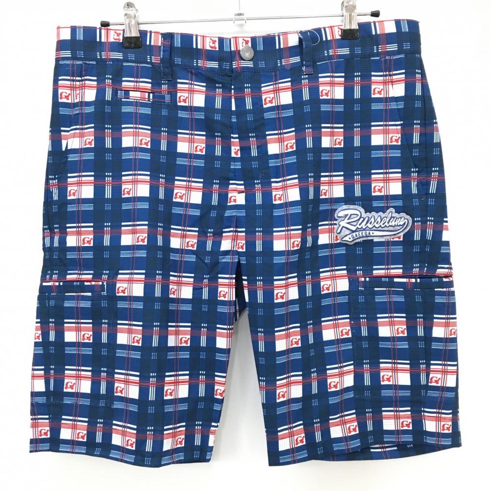 【新品】ラッセルノ ハーフパンツ ネイビー×白×レッド チェック メッシュ調 メンズ 6(XL) ゴルフウェア RUSSELUNO