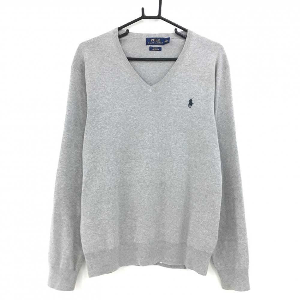 【美品】ポロゴルフ セーター ライトグレー コットン100％ ポニー刺しゅう ニット メンズ L ゴルフウェア Ralph Lauren