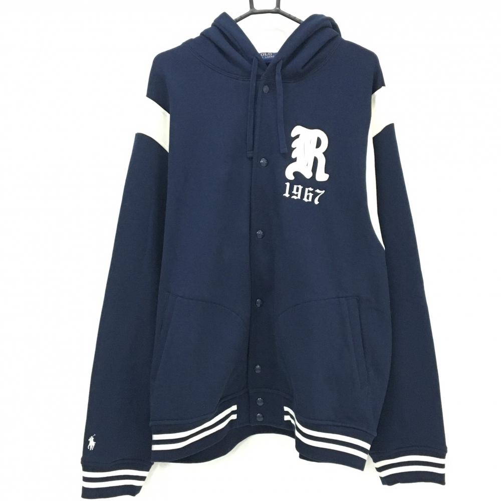 【美品】ポロラルフローレン フード付ブルゾン ネイビー×白 パイルワッペン 裏起毛 メンズ XXL ゴルフウェア Ralph Lauren