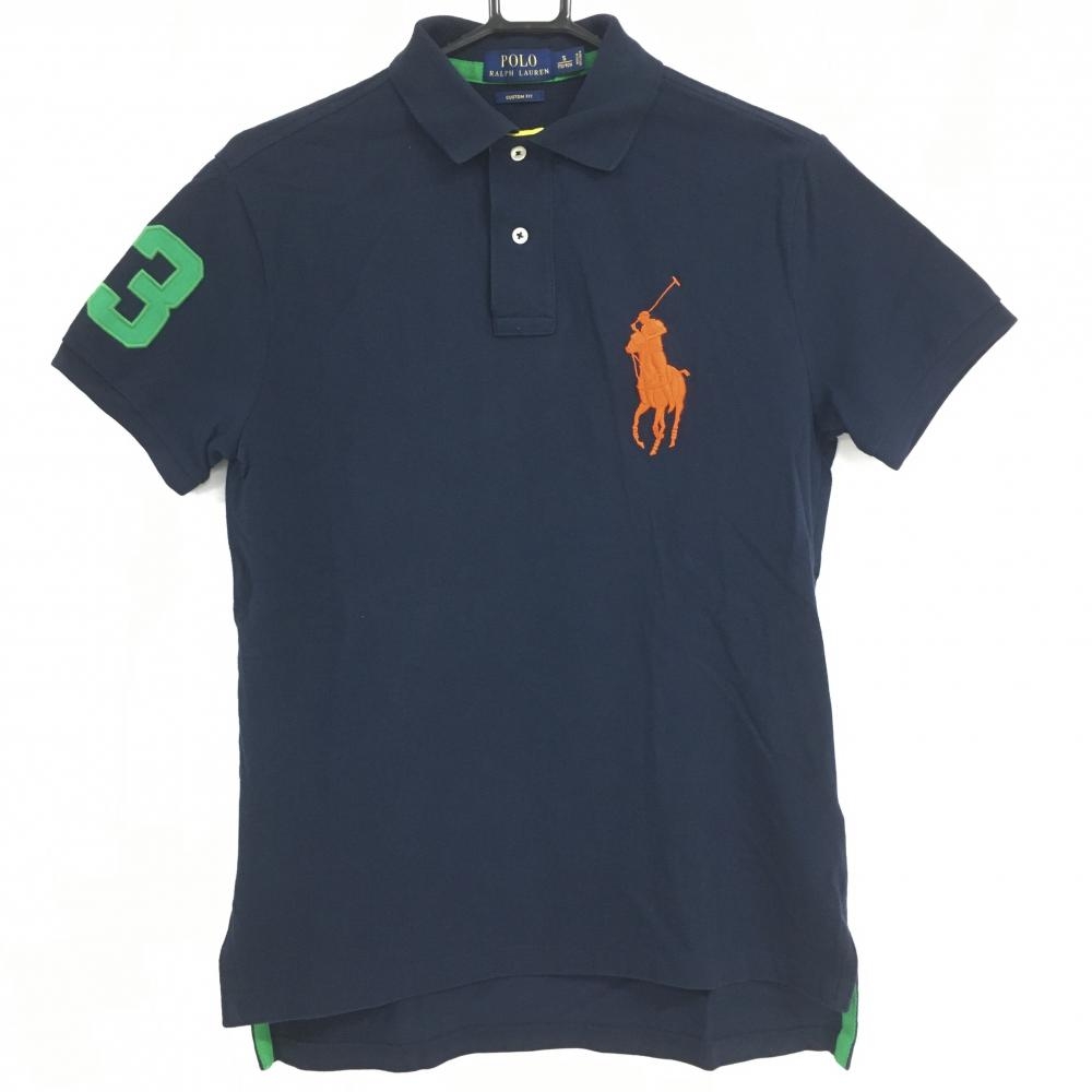 【超美品】ポロラルフローレン 半袖ポロシャツ ネイビー×オレンジ ビッグポニー  メンズ S ゴルフウェア Ralph Lauren