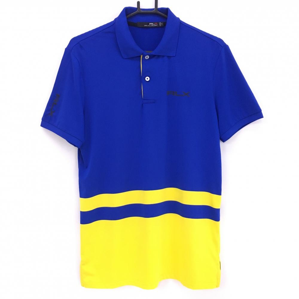 【美品】RLXラルフローレン 半袖ポロシャツ ブルー×イエロー ロゴプリント メンズ S ゴルフウェア Ralph Lauren