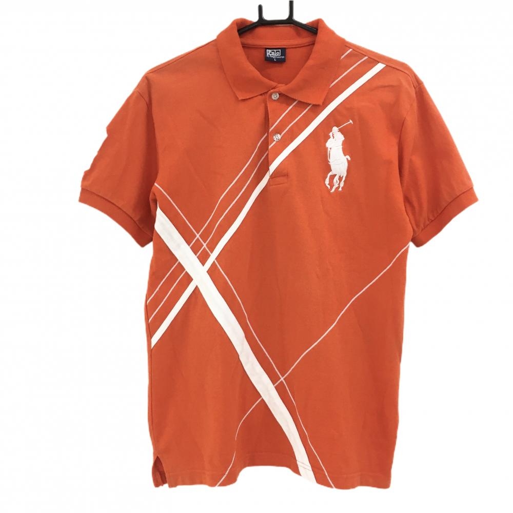 ポロラルフローレン 半袖ポロシャツ オレンジ×白 ビッグポニー 襟裏ロゴ メンズ L ゴルフウェア Ralph Lauren