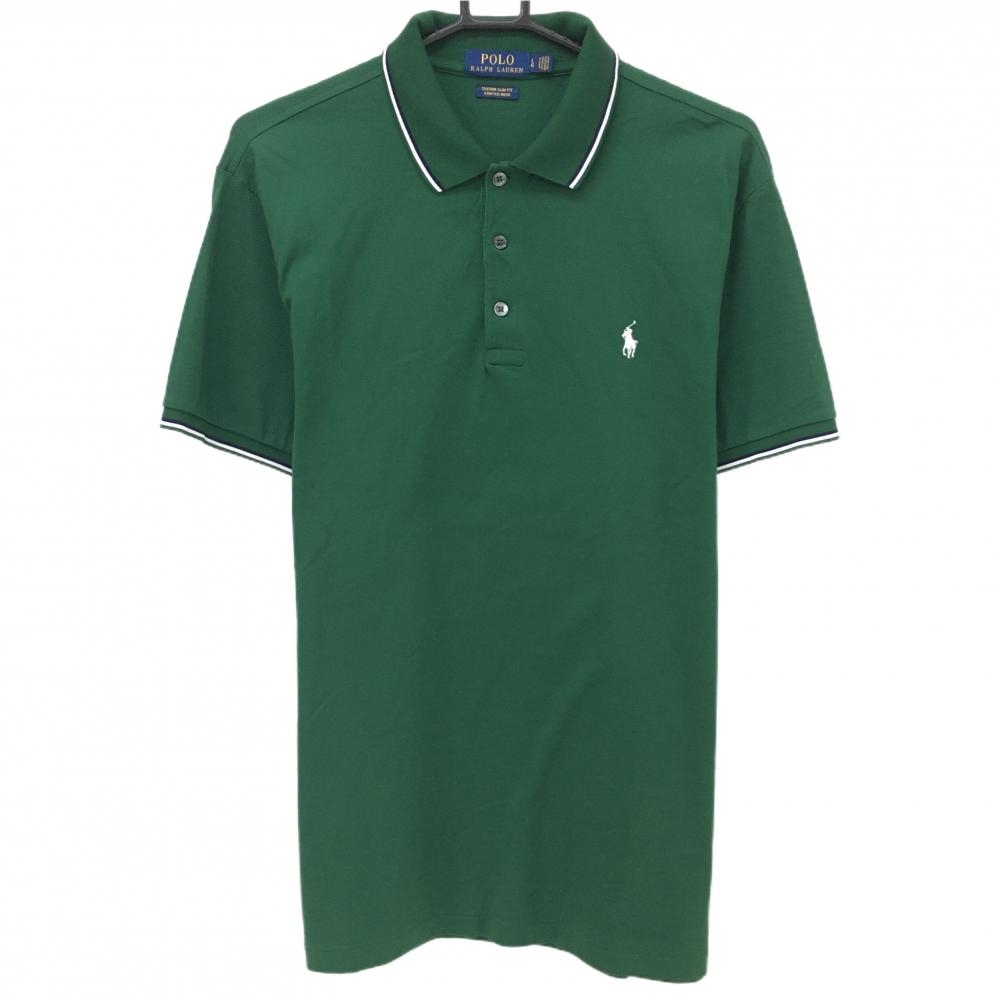 【美品】ポロラルフローレン 半袖ポロシャツ グリーン 襟・袖口ライン ポニー刺しゅう メンズ LG ゴルフウェア Ralph Lauren