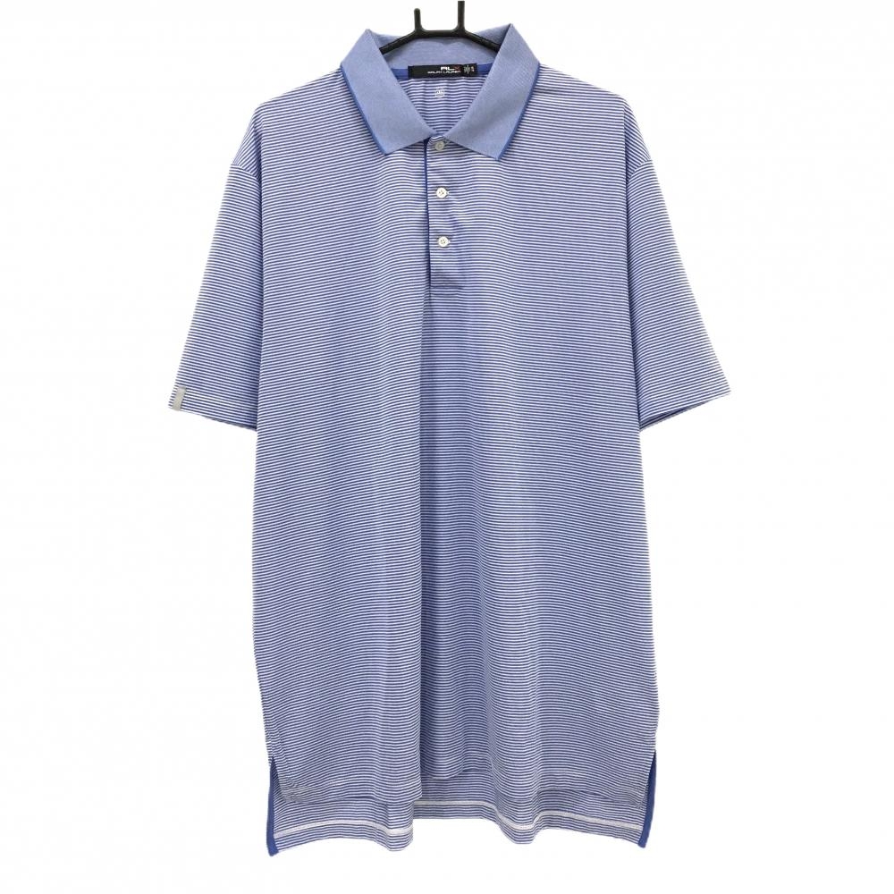 【超美品】RLXラルフローレン 半袖ポロシャツ ブルー×白 ボーダー 袖ロゴ ストレッチ メンズ XL ゴルフウェア Ralph Lauren