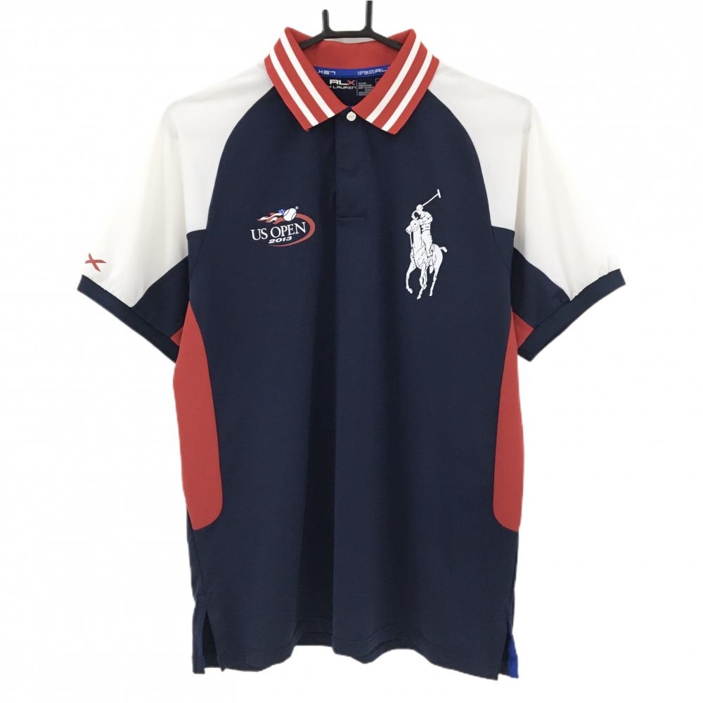RLXラルフローレン 半袖ポロシャツ ネイビー×白×レッド 襟ライン ロゴ メンズ M ゴルフウェア Ralph Lauren